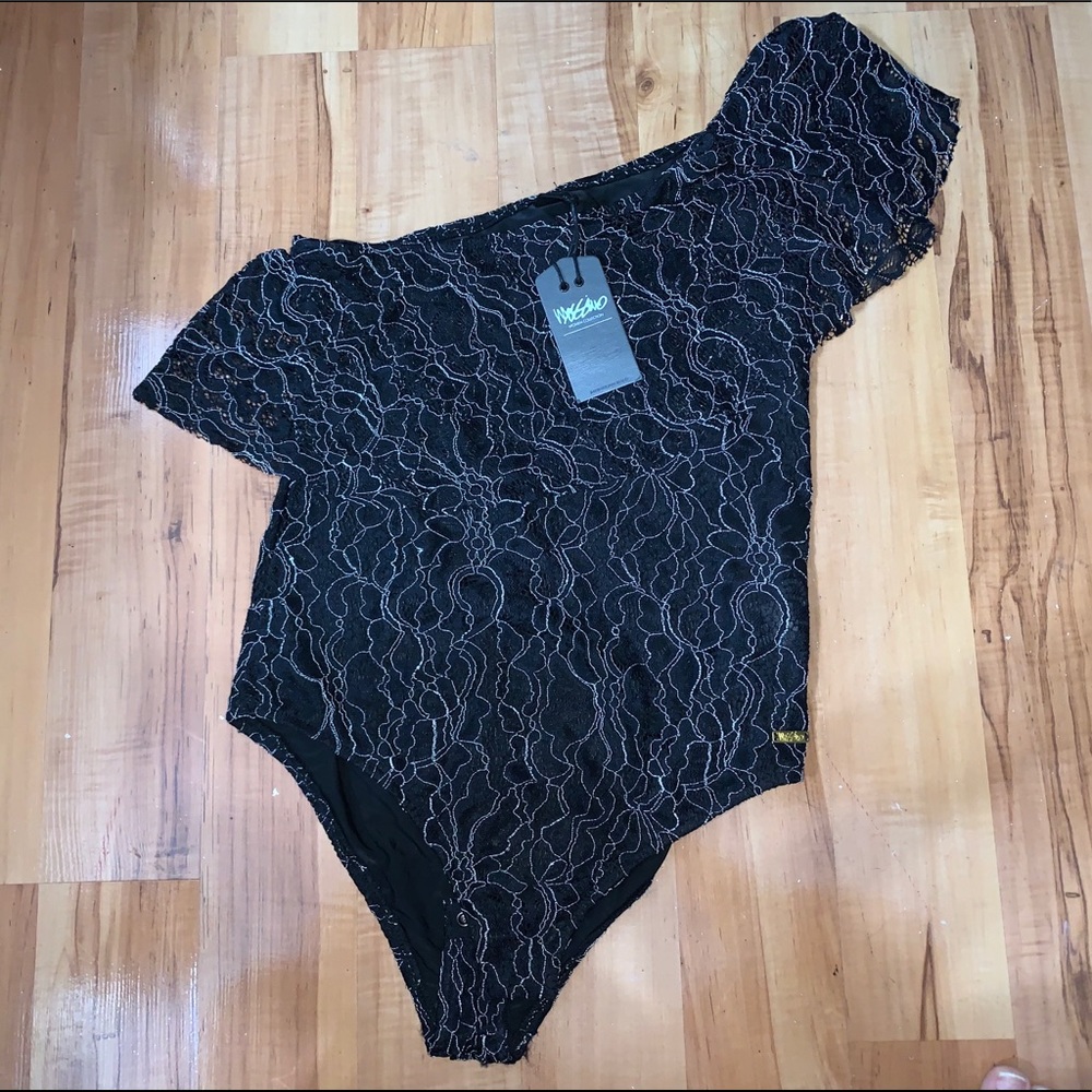 Black lace one shoulder bodysuit